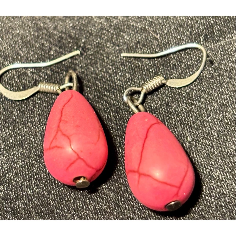 Pink Teardrop Howlite Dangle Earrings Silver Tone French Hook Boho Jewelry